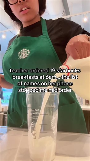 I work the morning shift at Starbucks. Monday. 6am. First customer of the day. Woman walks in. Teacher lanyard around her neck. Bags under her eyes. “19 drinks and breakfast sandwiches, please.” I start ringing everything up. She pulls out her phone. “Can you write the names on the cups? Just the first names.” I grab a marker. She starts reading. I write them one by one. Then I notice something. Next to every name… there’s a note. Hasn’t eaten since Friday. Only gets lunch at school. Mom lost he