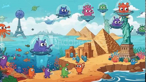 Cute Cartoon Aliens Visiting Famous Earth Landmarks Animation.