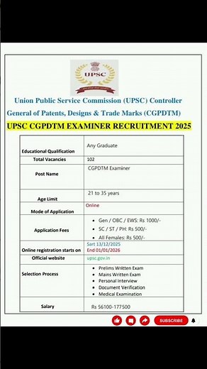 UPSC CGPDTM Examiner Recruitment 2025 | New Vacancy 2025 | Job Journey #shorts#newgovtjobvacancy2025