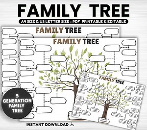 Family Tree Template 5 Generation Editable, Family Tree Chart, Printable for Family Reunion Gifts, Pedigree Chart, Genealogy Chart, Family - Etsy