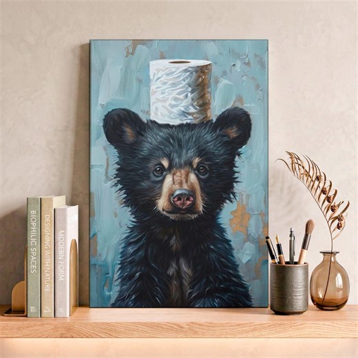 Black Bear Balancing Toilet Paper Canvas Art, Whimsical Rustic Animal Bathroom Wall Decor