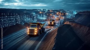 Mining Industry at Night: A panoramic view of a bustling mining operation under a starlit sky. Heavy duty trucks transport raw materials along a network of roads, illuminated by powerful headlights.