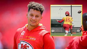 'Out of posture' Patrick Mahomes attempts to throw a baseball-like pitch with a football during Chiefs' training