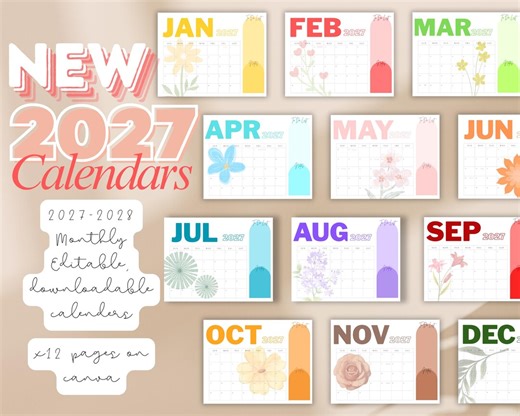 2027 Flower Calendar, Monthly Planner With Holidays - Etsy