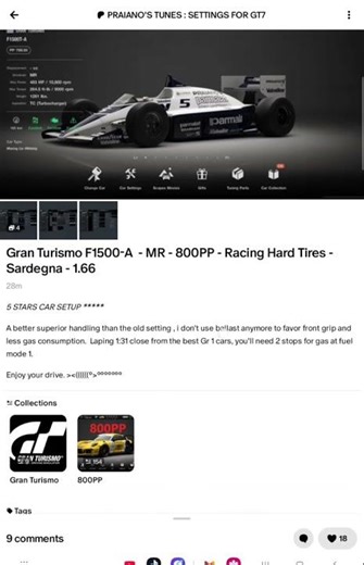 Gran Turismo F1500-A 800PP Gran Turismo 7 GT7 Praianos Car Tune Setups