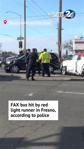 A City of Fresno FAX bus was hit by a vehicle that ran a red light in Fresno on Wednesday morning, according to the Fresno Police Department. The crash happened around 10:15 a.m. at Shields Avenue and First Street. Police say the bus was traveling northbound on First Street, approaching Shields Avenue, when a vehicle traveling west on Shields Avenue ran the red light and struck the bus. That crash caused the first vehicle to strike a second one. Two vehicles and the city bus were involved. The b