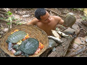 Jungle Man Catch Turtle by hand in River then Cook Eating Delicious