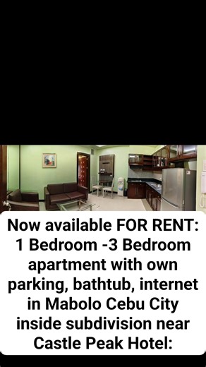 💥💥1 Bedroom-3 Bedroom units with OWN parking slot💥💥 🏢FOR RENT Apartment units 🏬Fully Furnished 🏢 with PARKING and preshared internet: 1 BEDROOM 🛏️deluxe unit, 1 T&B 🚿🚽, 36 sqm, @ Php 30K Executive Unit 1 Bedroom🛏️, with bathub 🛁36 sqm Php 32K 2 Bedroom 🛏️ deluxe unit, 1 T&B 🚿🚽, 70 sqm Php 45K 2 Bedroom 🛏️Executive unit, 1 T&B 🚿🚽, 80 sqm, Php 48K 3 Bedroom 🛏️ Deluxe unit, 2🚿🚽, 80 sqm Php 55K 3 Bedroom Executive Unit 2🚿🚽, 110 sqm Php 65K Location: Kasambagan, Mabolo Cebu Cit
