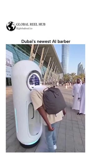 Movie vibes😍 on Instagram: "Vedio owner:- @mohammd_apu The post showcases a viral video of Dubai’s Al Haircut Machine 3.0, a pod-like device that autonomously trims a man’s afro hair in under 30 seconds using robotic precision and blue LED lights, set against the city’s skyline for a futuristic vibe. Launched recently in Dubai as an innovation in grooming tech, the machine uses Al for quick, contactless cuts, confirmed real via multiple social media demos and reports, though no peer-reviewed st
