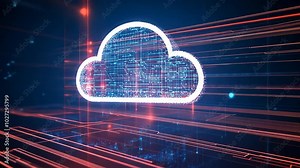 A white cloud icon with blue and red lines represents a cloud computing network