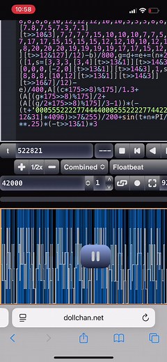 Byte funk sped up the song code is “A='1111100000011111111111111111111111111111111111111111111000001111111001111111110001000000000000001111110000000000000000000111111111111001111110000000000000000000000000000000000',n=1.23,t||(a=b=d=e=0),c=a =b =(n*2*2**([1,1,1,7,7,7,8,8,8,8,10,12,12,12,10,10,3,3,3,8,8,[7.8,7.5,7.3,7.1][t>>10&3],7,7,7,7,15,10,10,10,7,7,5,5,5,12,12,12,15,15,15,15,12,12,10,10,12,12,0,0,0,8,8,8,7,7,7,7,3,3,0,0,3,3,1,1,1,7,7,7,8,8,8,8,10,12,12,12,10,10,3,3,3,8,8,[7.8,7.5,7.3,7.1][t>