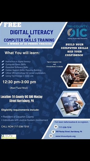 📢 FREE Computer Skills Training! 💻✨If your past held you back from learning computer skills or getting certifications, this is YOUR chance to change that! Tri-County OIC is offering a FREE 3-week Digital Literacy & Computer Skills Training designed for individuals with justice system involvement who want to level up their opportunities.📅 Mondays, Tuesdays, Wednesdays⏰ 12:30 PM - 3:00 PM📍 500 MacLay Street, Harrisburg, PAWhat you’ll learn:✅ Basic computer skills✅ Essential software training✅ 