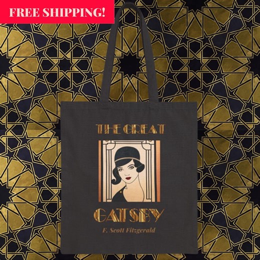 Gatsby Tote Bag | 1920s Art Deco Book Lover Gift | Black Canvas Literary Bag | English Teacher Librarian Gift | Roaring 20s West Egg Tote - Etsy