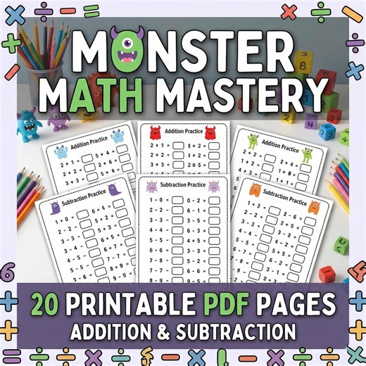 Monster Math Worksheets, Addition Subtraction Practice (PDF Download) - Etsy