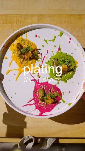 Vegan Scratch Kitchen on Instagram: "THREE PLATING STYLES 🌱🍽️ -roasted red beet purée w/ lemon, vegan yogurt, salt -roasted carrot purée w/ cumin, salt -beet green/pea purée w/ baby garlic, shallot, oil, salt -seared oyster mushrooms -crispy shaved tofu -pea shoots -popped quinoa -chives #veganrecipes #foodstyling #springrecipes"