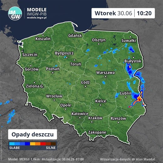 Prognoza opadu na 8 godzin (Model MERGE) 30.06.2026 #ostrzeżenia #imgw #ostrzeżenia #news