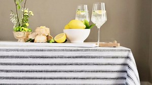 Solino Home Linen Striped Tablecloth 60 x 90 Inch - 100% Pure Linen Red and Natural Table Cloth for Rectangle Tables - Sorrento Stripe, Machine Washable Tablecloth for Mothers Day