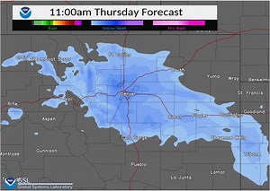 This model forecast depicts how the band of snow will move across our area today. The focus for the heaviest snow will be the I-25 corridor and foothills with snowfall rates up to an inch per hour late this morning. Allow extra time to travel especially from 8am to noon. #COwx | US National Weather Service Denver/Boulder Colorado