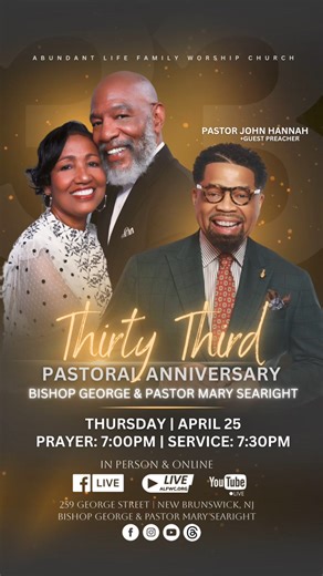 1.8K views · 37 reactions | Join us tomorrow at 7:30pm as we kick off the Celebration for our 33rd Pastoral Anniversary for Bishop George & Pastor Mary Searight! Our guest preacher will be none other than Pastor John Hannah. #alfwc | Abundant Life Family Worship Church | Facebook