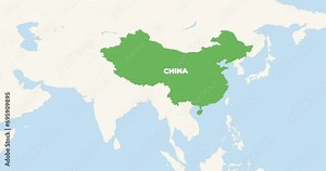 World Map Zoom In To China. Animation in 4K Video. Green China Territory On Blue and White World Map
