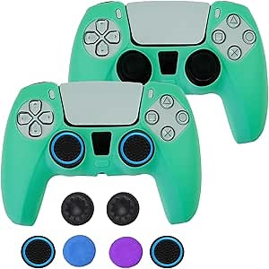 2PCS for PS5 Controller Silicone Cover Case Skin, Anti-Slip Soft Protective Accessories, with 6X Thumb Grip Caps(Light Green)
