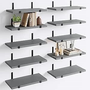 Fixwal Floating Shelves for Bedroom, Wall Shelves for Living Room, Gray, Set of 10, Rustic Wood Wall Decor, Farmhouse Wall Mounted Shelves, Grey