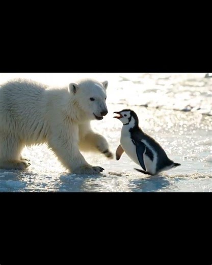 "🐻‍❄️ Baby Polar Bear Meets Adorable Baby Penguin! 🌊💙 | Cutest Beach Play Ever! 🐧✨ #viral #wildlife"