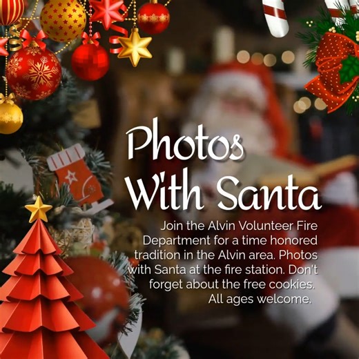 🎅🚒 It’s almost time for Alvin’s favorite holiday tradition! Get ready to make some memories! Join the Alvin Volunteer Fire Department this Friday and Saturday night for our annual Christmas Open House. It’s our 38th year celebrating with this amazing community, and we can't wait to see you! Bring the kids (and the grandparents!) for a fun-filled evening: 🍪 Free Homemade Cookies & Hot Chocolate 📸 Photos with Santa (Printed photos available!) 🚒 Exciting Fire Station Tours Event Details: 📅 Wh