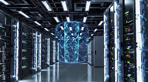 Modern server system architecture with visualized data flow. Cloud network supports storage racks. Digital technology infrastructure manages internet system with fast processing and secure data center