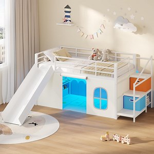 Low Loft Bed Twin with Slide, Storage Drawers and Led Lights, Metal Twin Size Loft Beds with Art Table, Storage Stairway and Under-Bed Play Space, Twin Beds with Safety Guardrail, White