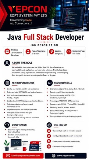 Java Full Stack Developer Jobs 2026 | Freshers & Experienced | Bengaluru Hiring