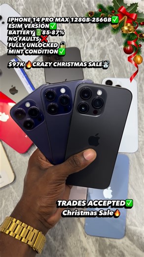# 1 Apple Plug In May Pen Since 2022 🍎 on Instagram: "IPHONE 14 PRO MAX 128GB-256GB✅ BATTERY 🔋85-87% NO FAULTS ❌ FULLY UNLOCKED 🔓 MINT CONDITION✅ $97K 🔥CRAZY CHRISTMAS SALE☃️"
