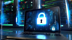 A laptop displaying a digital lock symbol, set against a backdrop of server racks and glowing indicators, suggests cybersecurity themes.