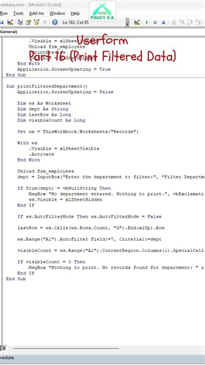USERFORM (PART 16-PRINT FILTERED DATA) #excelbyromeocostillas #excel #exceltagalog #exceintheworkplace #excelpinoy #exceltips #exceltricks #excelvba #fblifestylechallenge #fblifestyletyle | MS Excel Tutorial by RCostillas