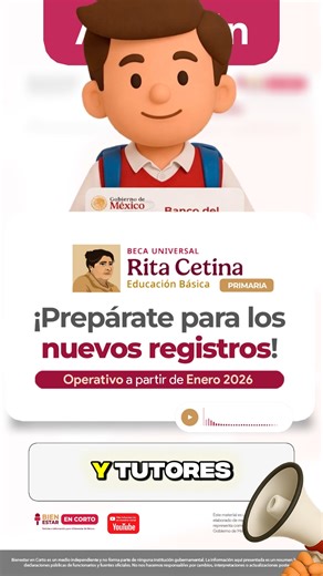 🚨 ¡ATENCIÓN MAMÁS, PAPÁS Y TUTORES! Si tienes hijas o hijos en primaria, esta información es para ti. 📢 A partir de enero de 2026 iniciarán los registros en línea de la Beca Universal Rita Cetina para educación básica, nivel primaria. 🖥️ El registro será totalmente en línea y comenzará con estudiantes de 4°, 5° y 6° de primaria. 📋 Prepárate desde ahora y ten listos los documentos. 📂 Digitalízalos en PDF o JPG antes del registro. 📝 Ojo: estudiantes de 1°, 2° y 3° de primaria se registrarán 