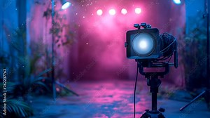 camera with an illuminating light was set up in front of the stage, creating an atmosphere full of movie theater and film production vibes. seamless looping 4k time-lapse video background