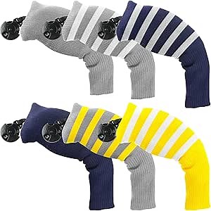 Golf Club Head Covers, 6 Pcs Knit Golf Club Covers Long Neck Driver Head Covers with Interchangeable No. Tag 3, 4, 5, 7, X, Novelty Golf Covers Hybrid for Iron, Wood Driver Covers
