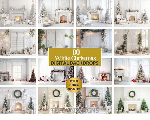 White Christmas Backdrops, 80 Festive Digital Backgrounds, Christmas Fireplace, Download Bonus - Etsy