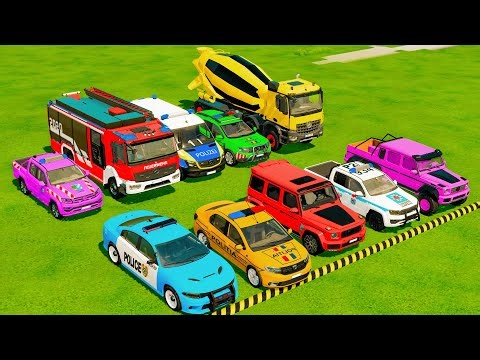 TRANSPORTING POLICE CARS, AMBULANCE, FIRE TRUCK, COLORFUL CARS WITH TRUCK -FARMING SIMULATOR 22!