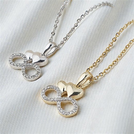Diamond Heart Infinity Pendant, Solid Gold Infinity Necklace, Double Heart With Infinity Charm, Anniversary Gift - Etsy