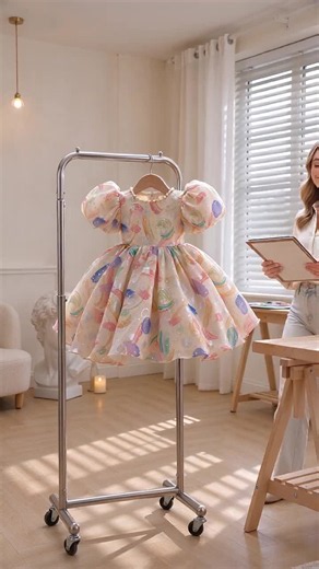 Girls Rainbow Puff Sleeve Princess Dress pearl neck sparkly tulle ballgown watercolor print little girls birthday party wedding flower girl piano recital baby photoshoot