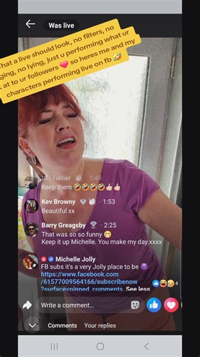 7.4K views · 103 reactions | Heres a highlight from one of my lives, no characters were harmed in the making of this video ❤️ #fblive #comedy #singing #michellejolly #nofilter | Michelle Jolly | Facebook
