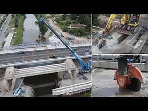 Step by step demolition of a sturdy city bridge over river