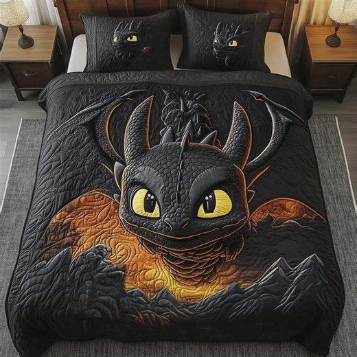 Fire Dragon Toothless Quilt Set, Night Fury Black and Orange Bedding, How to Train Your Dragon Blanket, Epic Fantasy Movie Character Gift