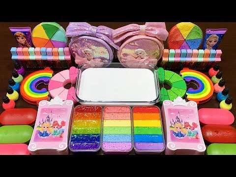 Rainbow Slime Mixing! Adding Colorful Makeup, Floam & Glitter into Glossy Slime