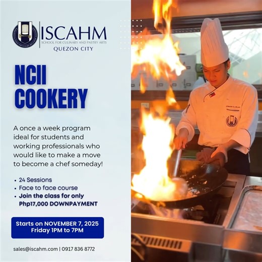 A new batch of TESDA-Registered NCII Cookery Course will start in our Quezon City Campus on NOVEMBER 7, 2025, Friday! Join the class for only Php 17,000 DOWNPAYMENT! The NCII Certificate in Cookery is a once-a-week program, it is ideal for students and working professionals who would like to make the move to become a chef someday! This will prepare graduates for entry-level employment in hotels, restaurants, catering companies, ships, and other culinary establishments! ENROLLMENT IS ONGOING! Cli