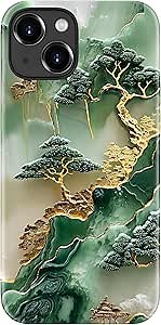 for iPhone 14 Plus Case - Wireless Charging Compatible - Dual-Layer Hard Shell + Silicone Cover - Shockproof Protective Phone Case with Stylish Designs for Women - Gold Inlaid Jade Carving