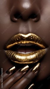 Dramatic close-up of golden lips and fingernails, conveying opulence and high fashion.. AI Generation