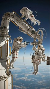 Two astronauts performing real maintenance outside the space station. Slow movements, real tools, real physics — this looks exactly like authentic NASA EVA footage captured in orbit. #NASA #Spacewalk #AstronautLife #EVAFootage #ISS #SpaceEngineering #RealFootage #VEo3 #UltraRealistic #SpaceWork #ViralReels #TrendingNow #SpaceMission | Space AstroVision