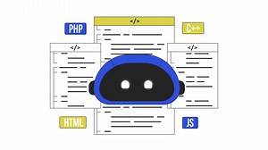 AI-assisted programming animation. Animated bot with scripts 2D cartoon flat colour line character. Code generator 4K video concept footage on white with alpha channel transparency for web design